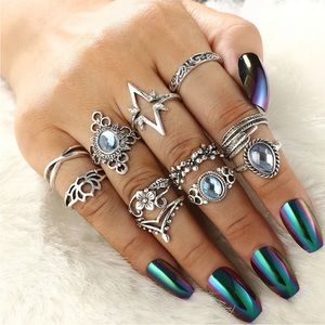 11pcs/Set Women Bohemian Vintage Silver Stack Rings Above Knuckle